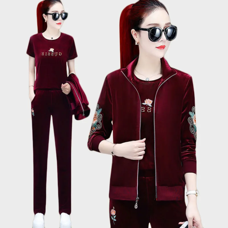 

Trending Products Lady clothes set Embroidered Sporting suit female Gold velvet Youth clothing for women Autumn 3 piece set 155