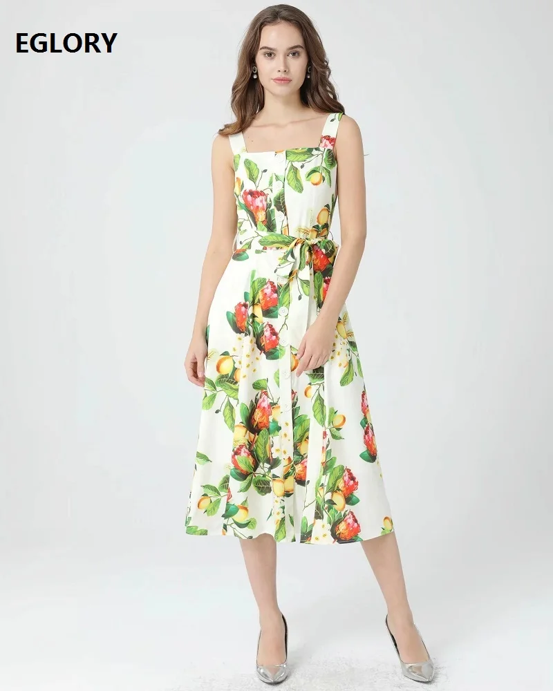 

Plus size Clothing 2021 Spring Summer Casual Vestidos Women Spaghetti Strap Tropical Print Sleeveless A-Line Button Dress Cute