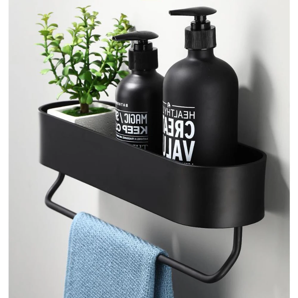 

Black Bathroom Shelf 30-50cm Lenght Kitchen Wall Shelves Shower Basket Storage Rack Towel Bar Robe Hooks Bathroom Accessories