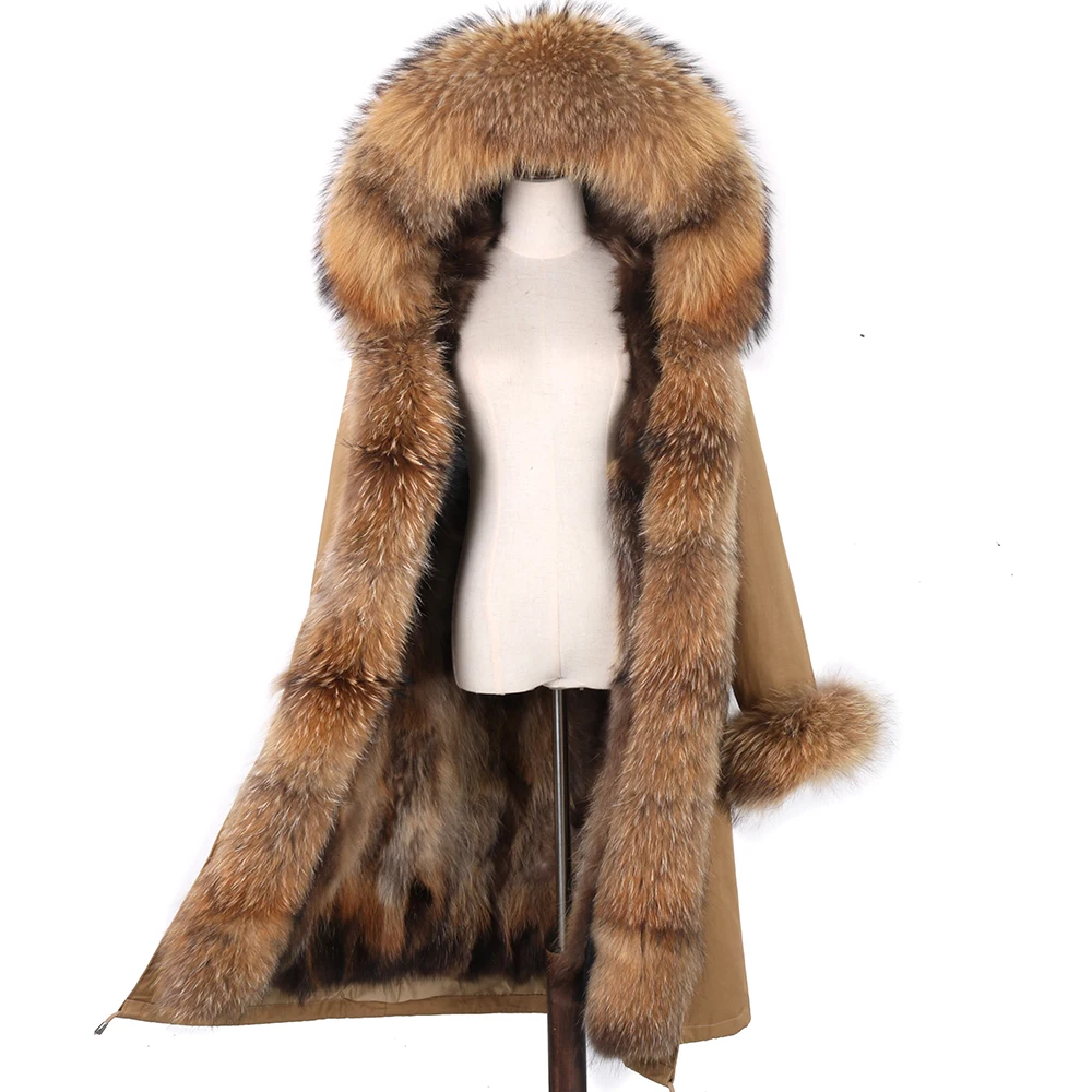 New Real Fox Fur Coat X-Long Parka Women Winter Jacket Natural Raccoon Fur Collar Hooded Streetwear Fashion Overcoat Outerwear