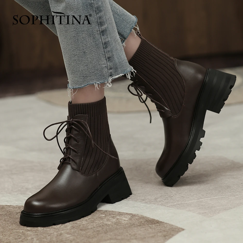

SOPHITINA Casual Ankle Boots Female Stitching Knitted Stretch Boots Skin-friendly Comfortable Flat Round Toe Women's Shoes HO265