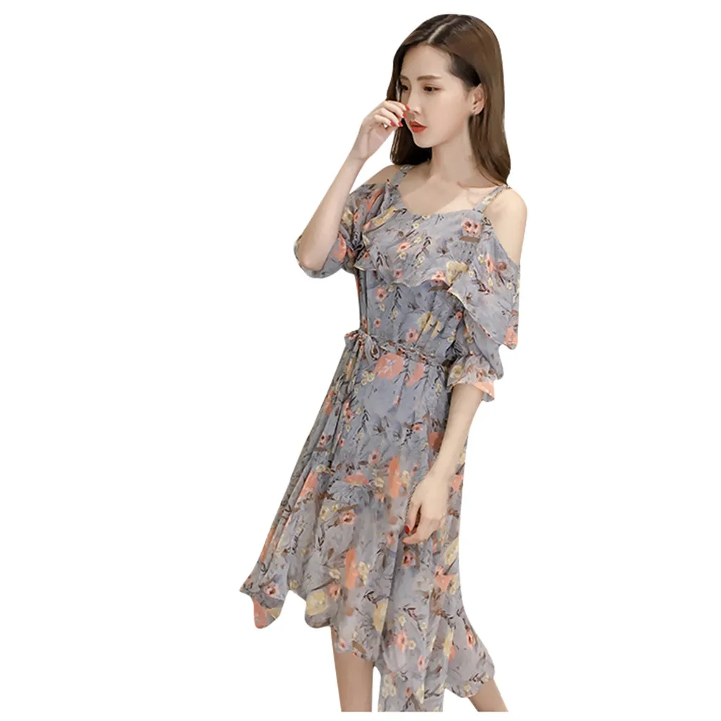 

Fashion Casual Women O-Neck Half Sleeve Strapless Ladies Long Printed Knee Dress Female Summer Small Fresh Korean Fairy Skirt