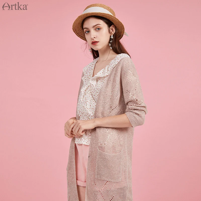 Женский трикотажный кардиган с карманами ARTKA Белый Элегантный тонкий длинным