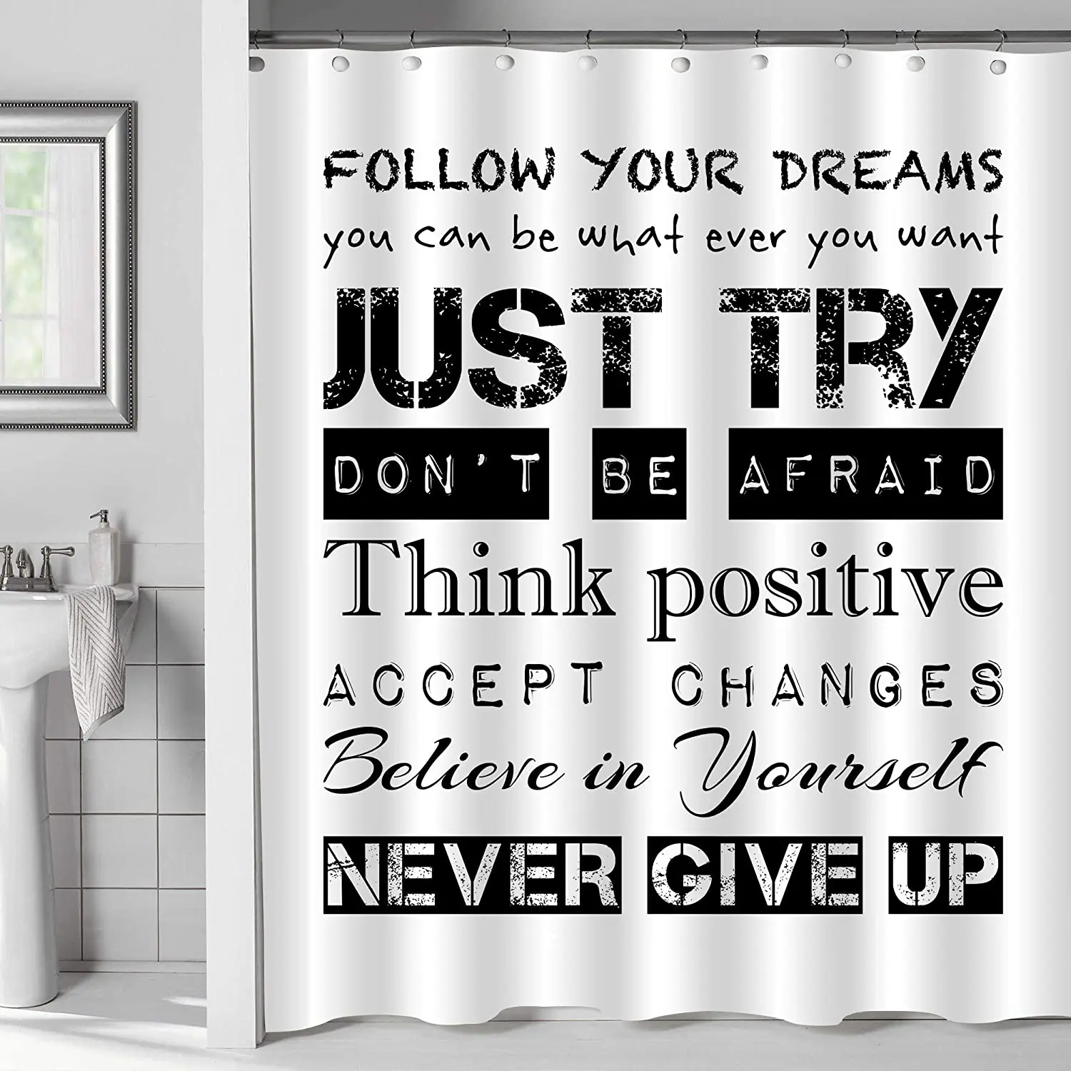 

Inspirational Quoted Shower Curtain for Cool Bathroom Decor, Follow Your Dream Just Try Never Give Up Motivational Art Deco