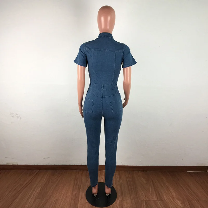 

High Waist Summer Bodycon Jumpsuit For Women 2021 Turn Down Collar Single-Breasted Denim Romper Sexy Short Sleeve Tight Overall