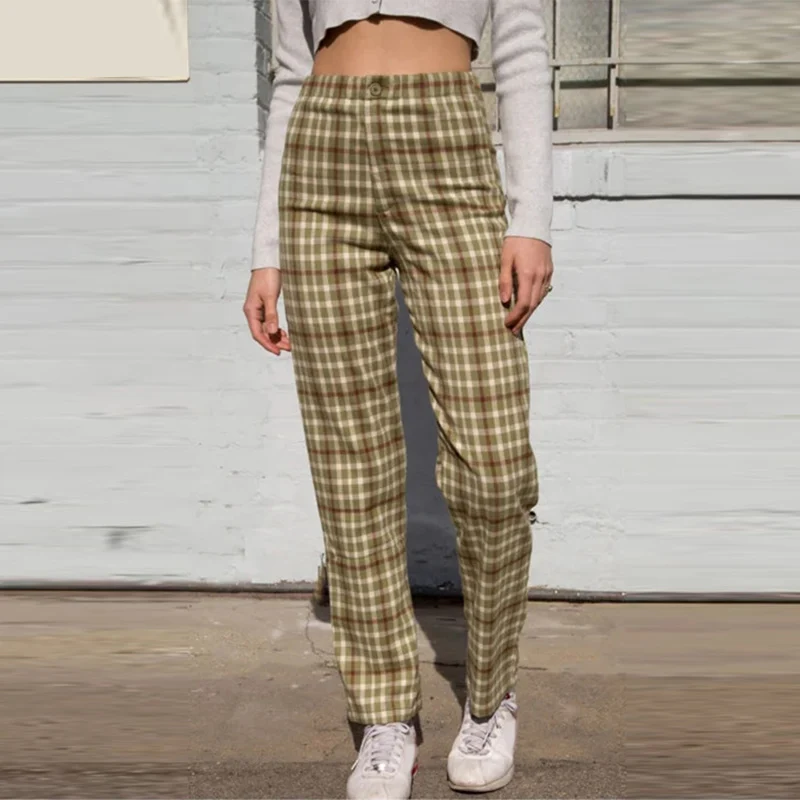 

Casual Women Plaid Pants Summer High Waist Ins Retro Dropping High Waist Harem Pants 2021 New Street Straight Long Trousers