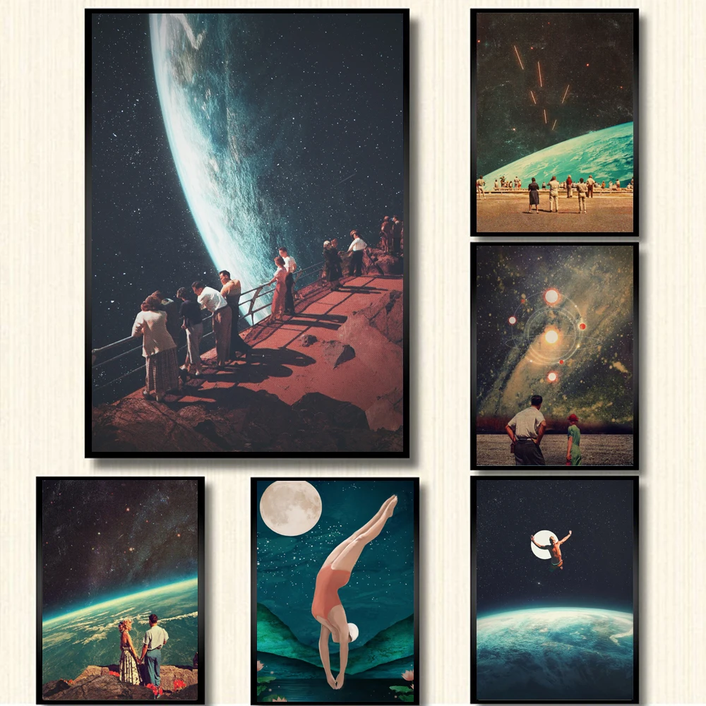 

Night Sky Art Prints Earth Canvas Painting Posters Surrealism Wall Decor Pictures Sci-Fi Room D Galaxy Space Moon Swiming Cosmic