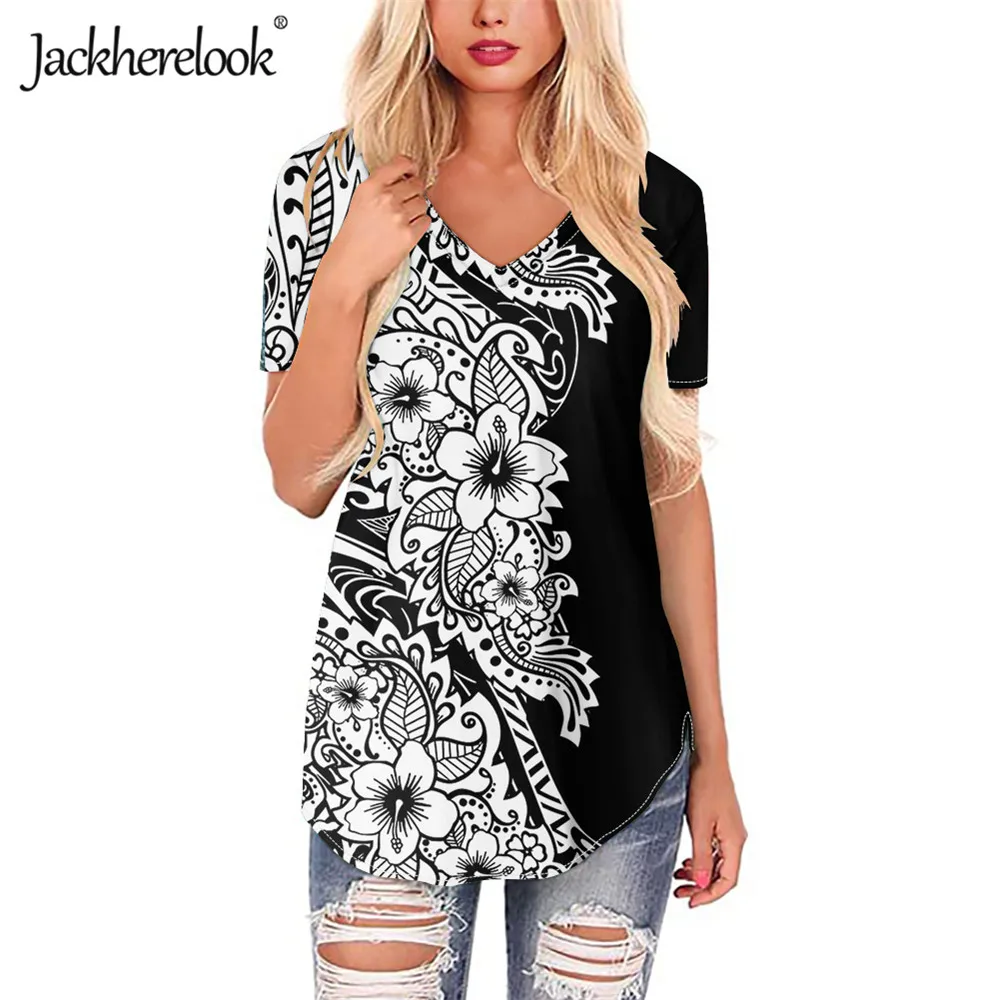

Jackhereluk повседневные блузки с коротким рукавом для женщин одежда полинезийский племен Гавайи Гибискус принт размера плюс Топы Рубашки
