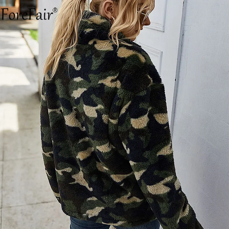 

Forefair Turn Down Collar Long Sleeve Overcoat Pocket Zipper Women Faux Fur Loose Coats Plaid Casual Outwear Autumn Jackets