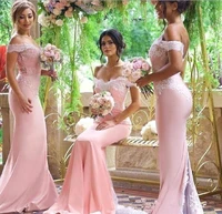 pink cheap bridesmaid dresses under 50 mermaid off the shoulder appliques long wedding party dresses for women