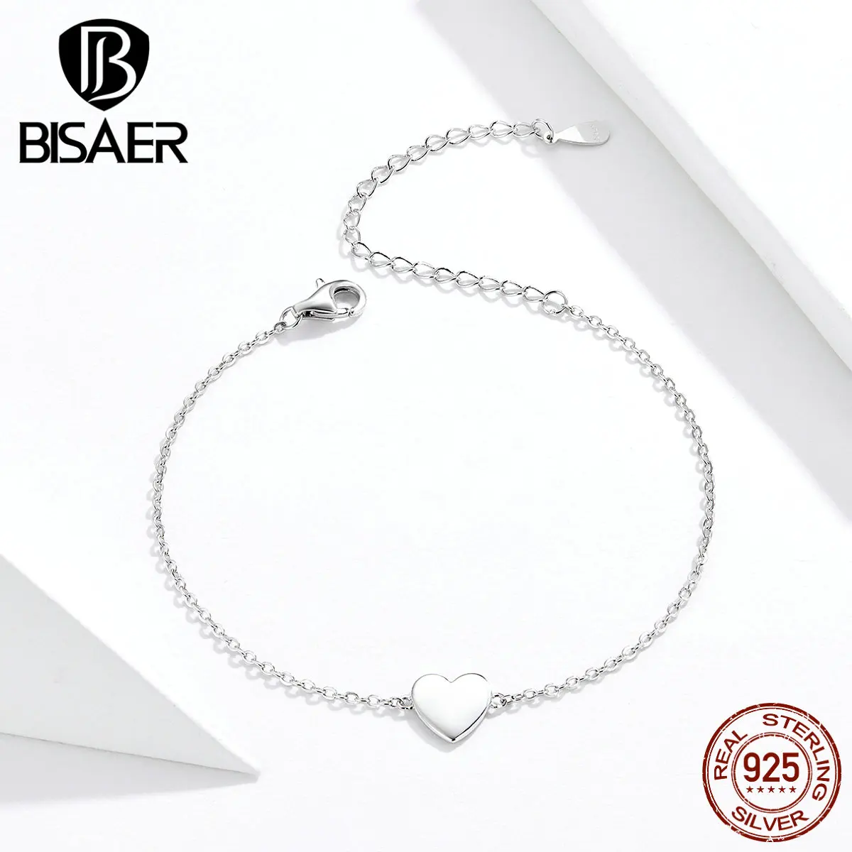 Браслеты с сердечками BISAER Оригинальное 925 пробы Серебряное сердце, для влюбленных Форма цепи Браслеты для Для женщин Стерлинговое Серебряные ювелирные изделия ECB161
