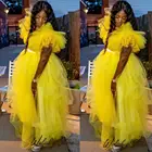 Женское фатиновое платье с оборками, желтое длинное платье до пола с разрезом сбоку и V-образным вырезом, платье для выпускного вечера, 2020