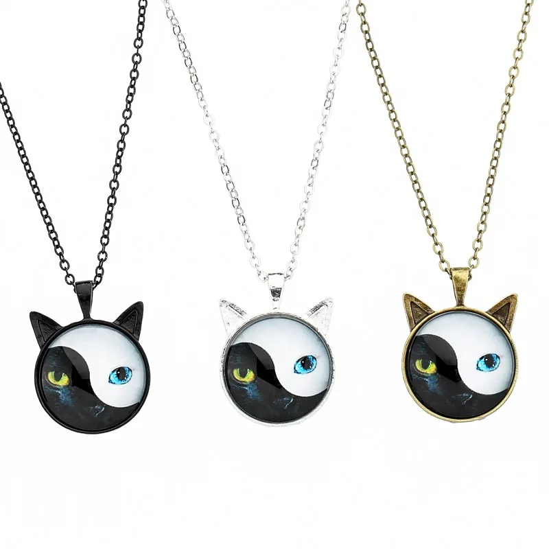 

TSHOU314 New cute cat necklace black cat glass pendant sweater chain jewelry
