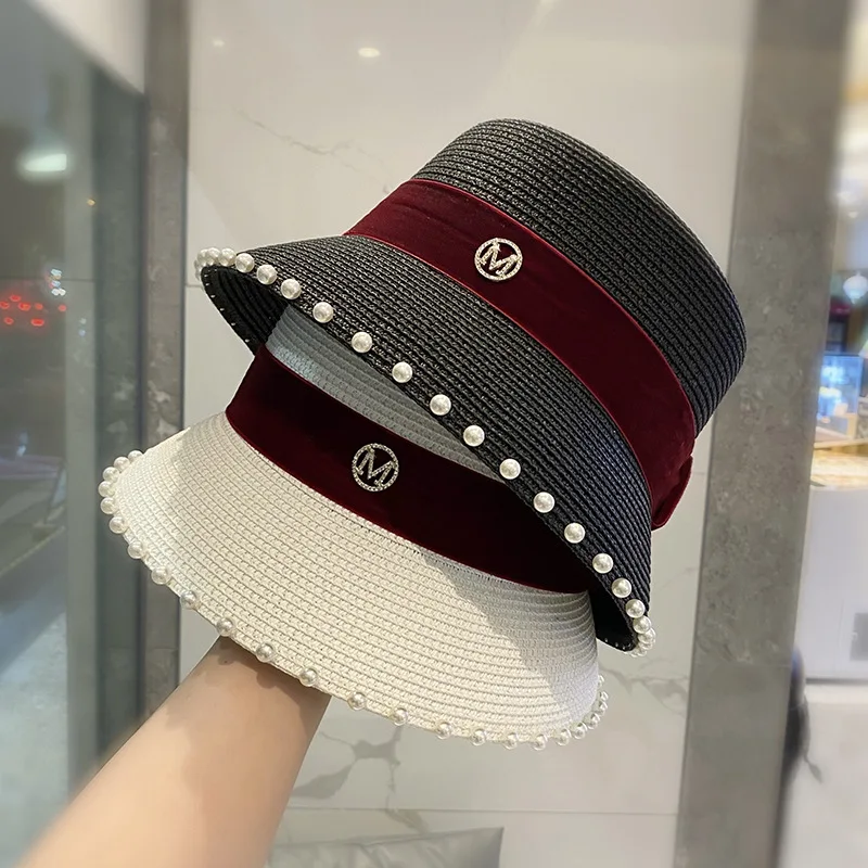 

Bucket hat flat top pearl summer ladies bucket hat sun hat ladies straw hat fedora hat European men's and women's hat letters