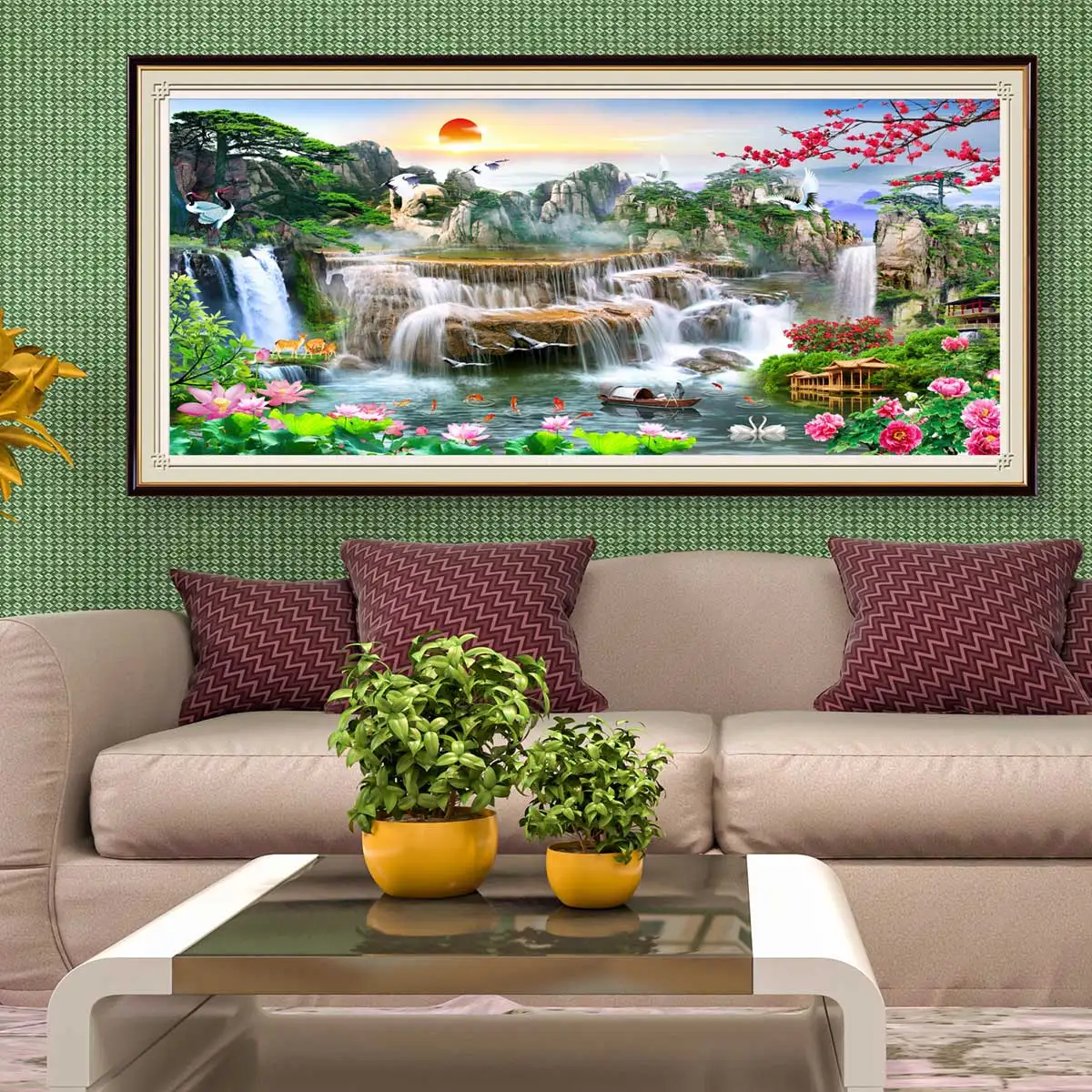 

Large 5D Diy Plum Blossom Lotus Diamond Painting Sunset Scenery Full Square Round Waterfall Diamond Embroidery Mosaic Wall Art