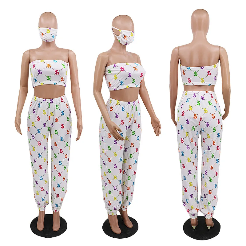 

European summer sexy print solid two piece fashion fit sleeveless bra and pants women's suit