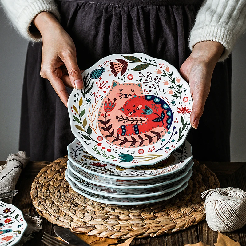 Creative 8inch Hand-painted Cat Dinner Plate Under-glazed Ceramic Dish Dessert Tray Flower Kitten Microwave Dinnerware YHJ021201 | Дом и сад