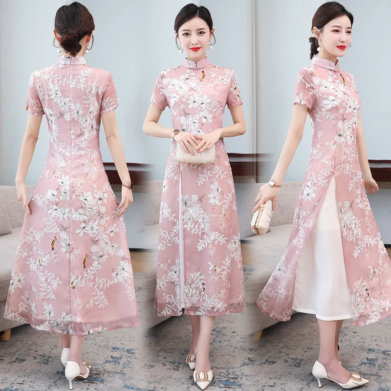 2021 улучшенное платье Ципао ao dai вьетнамская одежда шифоновое с цветочным принтом