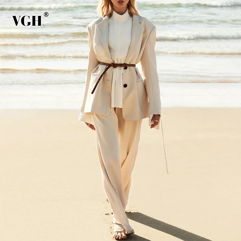 

VGH Elegant Solid Two Piece Set For Women Notched Long Sleeve Sashes Slim Blazers High Waist Straight Pants Casual Sets 2021 New