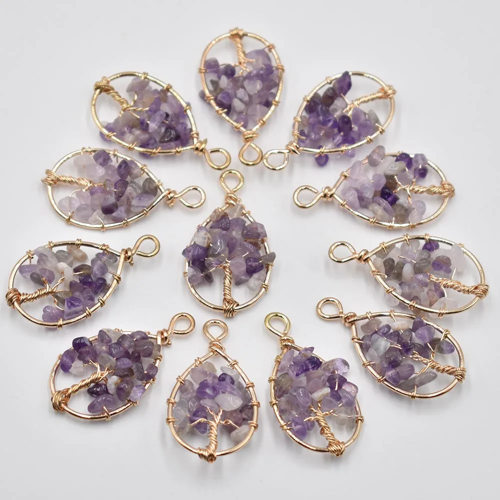 

Wholesale 12pcs/lot natural stone amethysts Tree of life handmade wire color wire wrapped Pendants 22*30mm for jewelry marking