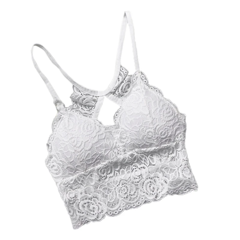 Womens Floral Lace Bralette Padded Sexy Criss Cross Back Hollow Out Bustier Bra X3UE