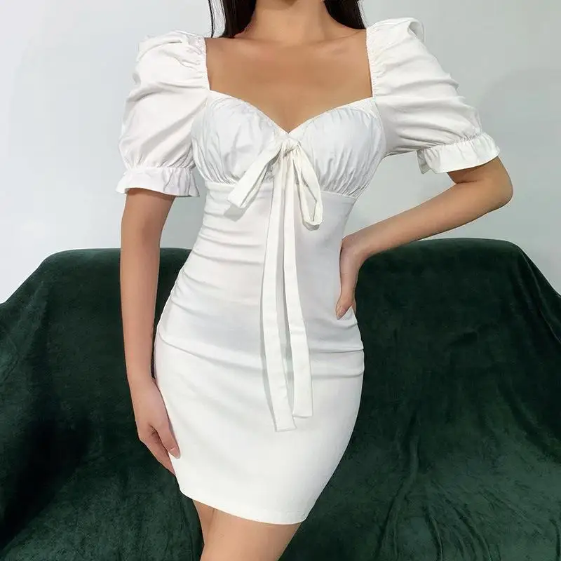 

Sweet Casual Solid Color Slim Sexy Short-Sleeved Dress Women French Breast Cup Puffy Sleeve Short Princess Style Dress