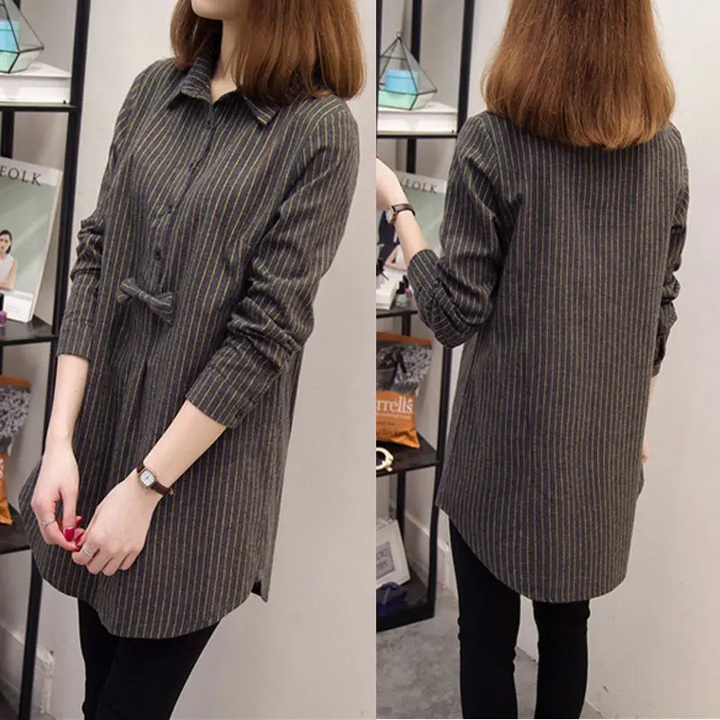 5XL Large Size Womens Tops and Blouses Spring Autumn Casual Long Sleeve Shirt Turn-down Collar Loose Stripe Blusas ff025 |