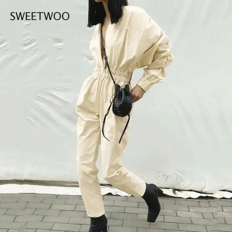 

Для женщин V образным вырезом комбинезоны с завышенной талией Прямые с эластичной резинкой на талии женские комбинезоны Фонари рукав комби...