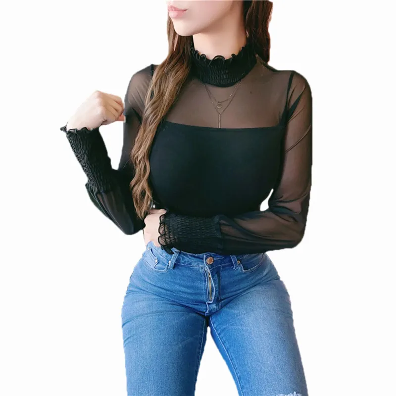 

Women Sheer Mesh Patchwork Blouse Summer Spring Slim Fit Turtleneck Long Sleeve Shirt Tops Casual Blouse Jumper Shirts Female