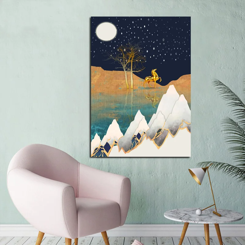 Настенная живопись холст абстрактный постер Золотой пейзаж лошадь звездная