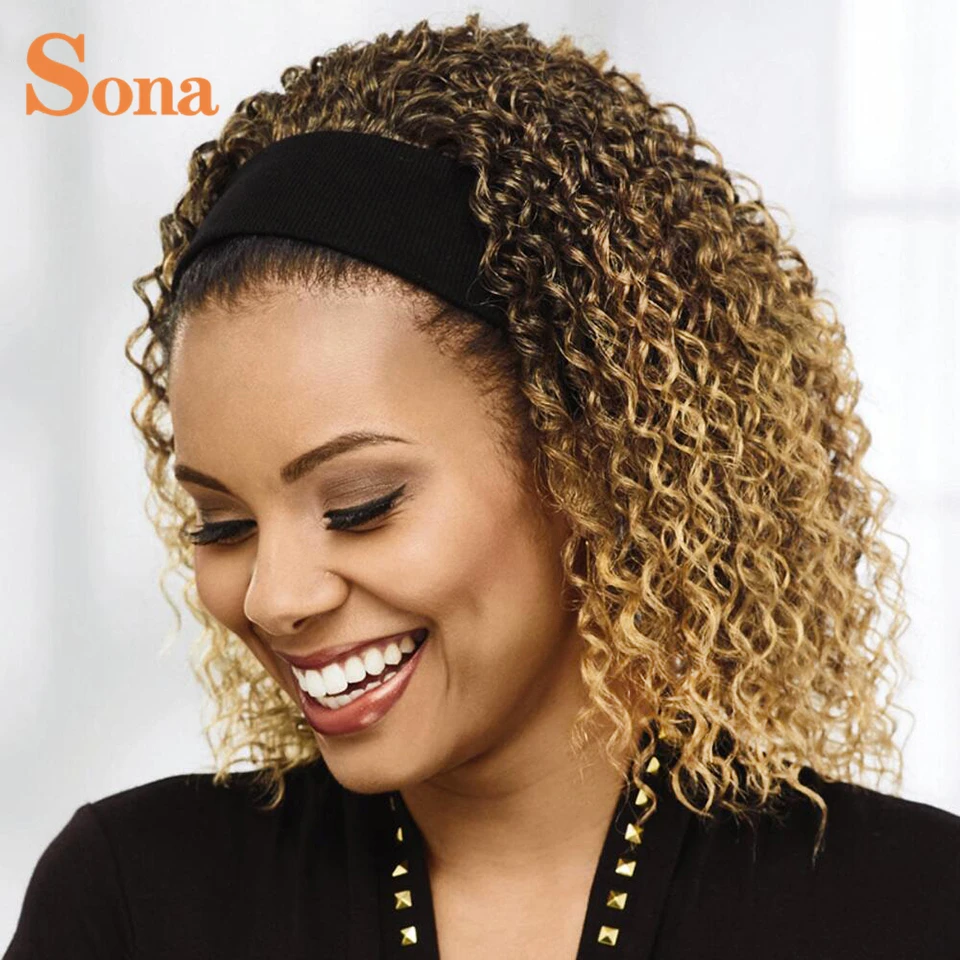 

Easy Slip-on Ombre Honey Blonde Highlight Headband Wig No Glue No Gel Brazilian Remy Curly Human Hair Scarf Wig 180%
