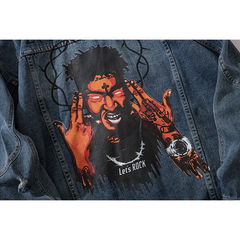 

Graffiti Rap Character Print Denim Jackets Streetwear Hip Hop Casual Punk Rock Jeans Jacket Coat Hipster Tops Men Casual Clothes