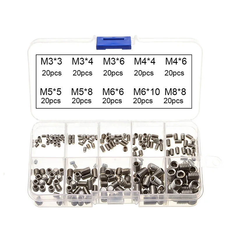200Pcs Metric Thread Stainless Steel Hexagon Socket Screws M3-M8 Cup Point Grub Allen Head Key With Box | Обустройство дома