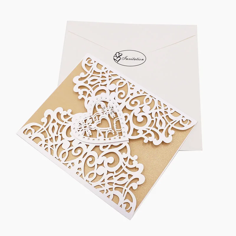 

50pcs Heart Hollow Laser Cut Wedding Invitation Cards with Envelope Sealing Sticker Vintage Wedding Bridal Party Invitation Card
