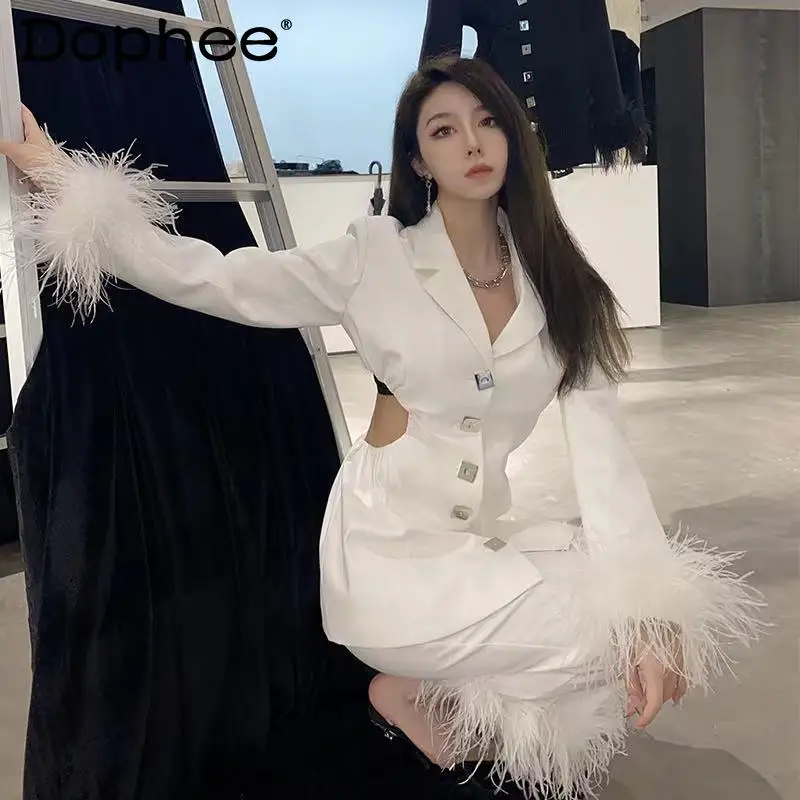 Sexy Hollow Feather Cuff Slim-Fit Single-Breasted Blazer Coat+Wide-Leg Pants White Suit Two-Piece Set Autumn Winter Office Suit