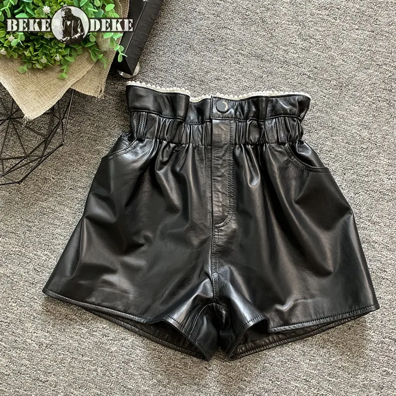 Womens Shorts Pearls Elastic High Waist Genuine Leather Shorts Fashion Street Autumn Sheepskin Wide Leg Short Trousers Female