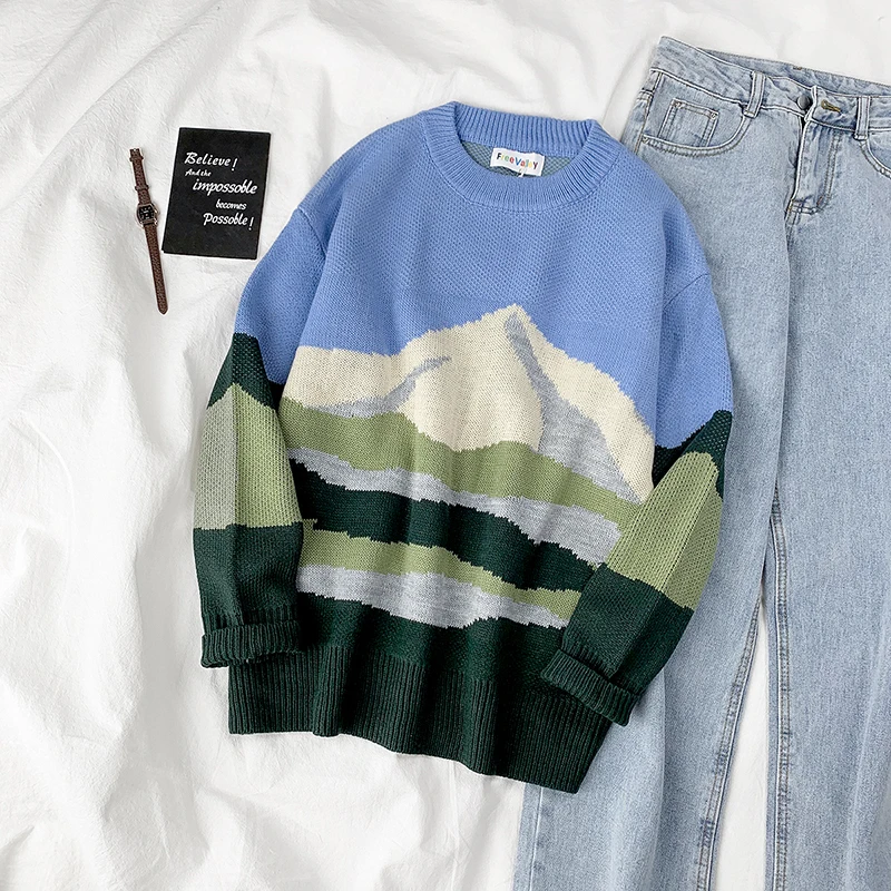 Осень и зима 2019 корейский стиль рисунок гор свитер женский свободный круглый