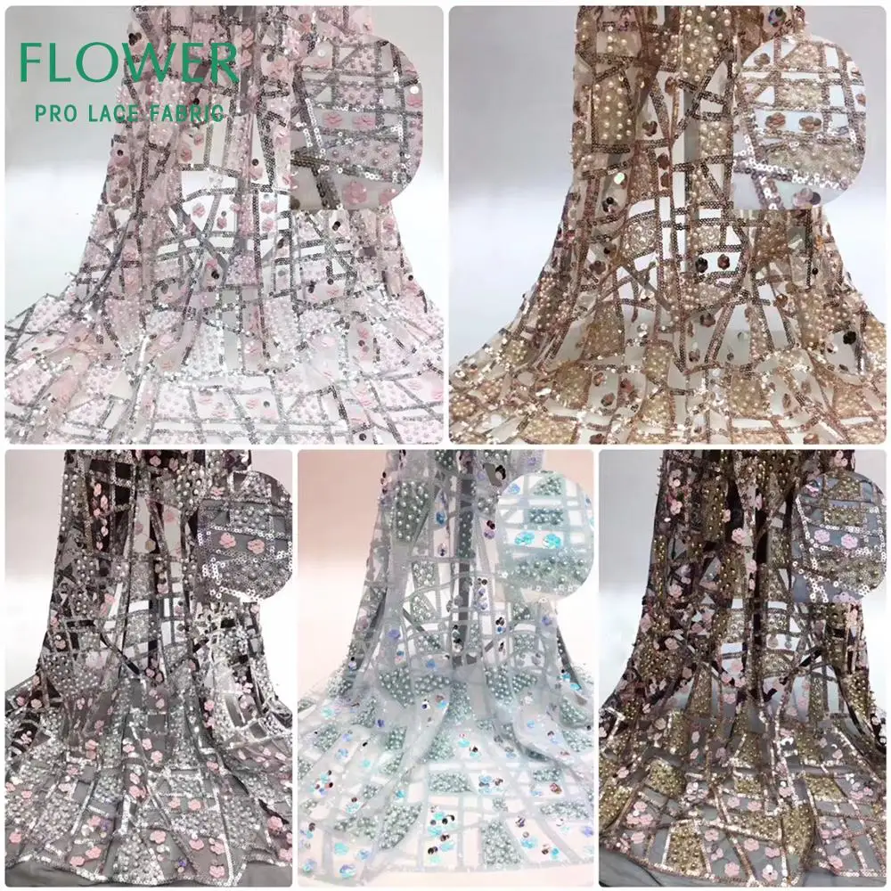 

Latest Fashion Sequins And Beaded Mesh Tulle Fabric Nigerian Noble Evening Gown Dress Sewing Sequined Beads Voile Net Material