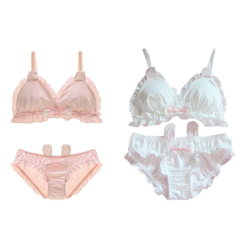 

Japanese Lolita Kawaii 2 Piece Bra Panty Lingerie Set Girls Sweet Ruffled Trim Cute Rabbit Ears Padded Bralette Bowknot Thong