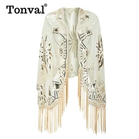 tonval luxury accessory open front vintage flapper fringe shawl women going out party mesh sequin elegant cape shawls
