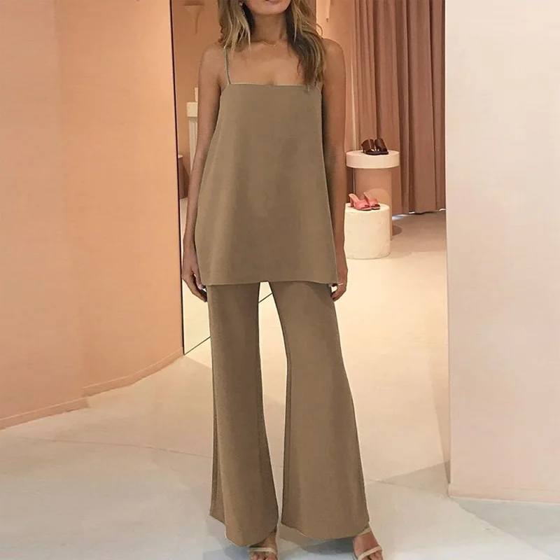 

Casual Solid Two Piece Sets Women Summer Sexy Off Shoulder Sling Tops And Wide Leg Pants Suits 2021 Ladies Elegant Loose Outfits