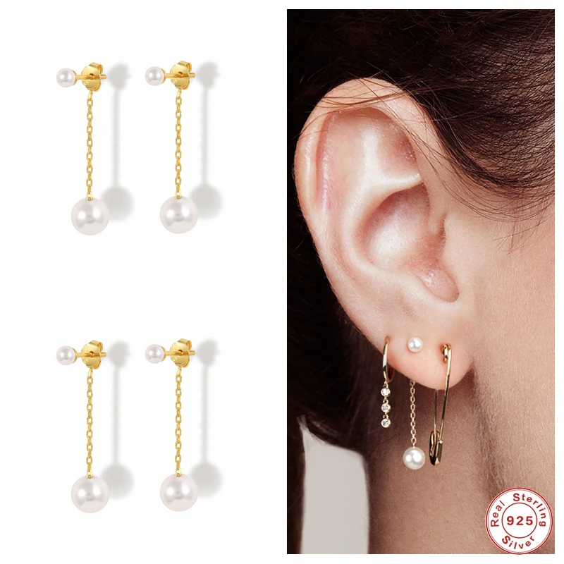 

Sterling Silver Long Chain Tassel Pearl Charm Dangle Earrings for Women Imitation Pearl Shell Drop Front Back Earrings серьги