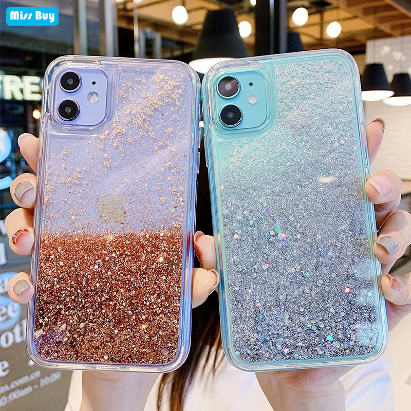 Чехол для iPhone 12 11 Pro Max X XR XS противоударный чехол с блестками и зыбучим песком