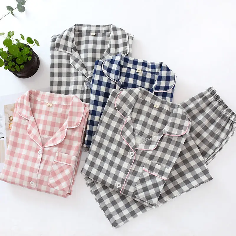 2021 New Spring Women Pajamas Set 100% Cotton Turn-down Collar  plaid Long-sleeve Sleepwear Homewear Nightshirt Casual Wear