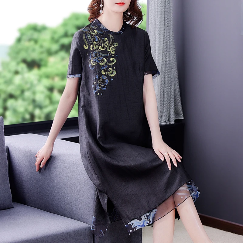 

2022 Vintage Black Mulberry Silk Casual Midi Dress Summer Print 5XL Plus Size Beach Dress Women Elegant Bodycon Party Vestidos