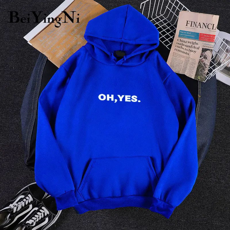 Beiyingni OH YES принт негабаритный свитшот для женщин 7 цветов BF с капюшоном Женская Толстовка повседневные винтажные худи шикарные горячие продажи спортивные костюмы - Цвет: Синий