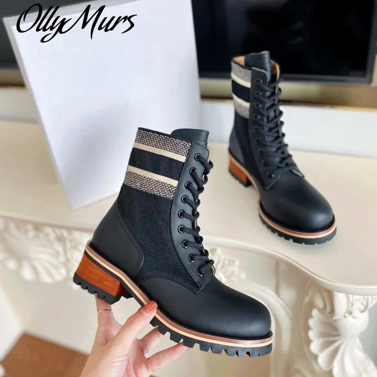 

Ollymurs Black leather women Motorcycle biker Boots Luxury Lace-Up low heel Round Toe combat Ankle martin booties shoes