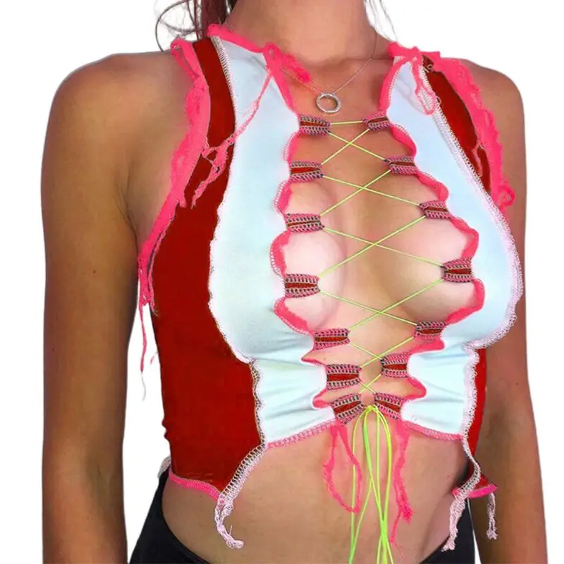 Женский укороченный топ без рукавов с вышивкой в стиле пэчворк цвет блок