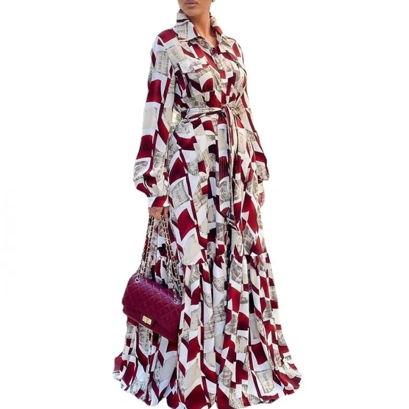 Maxivestido de manga larga de cintura alta para mujer, ropa de calle con estampado africano, elegante, Primavera