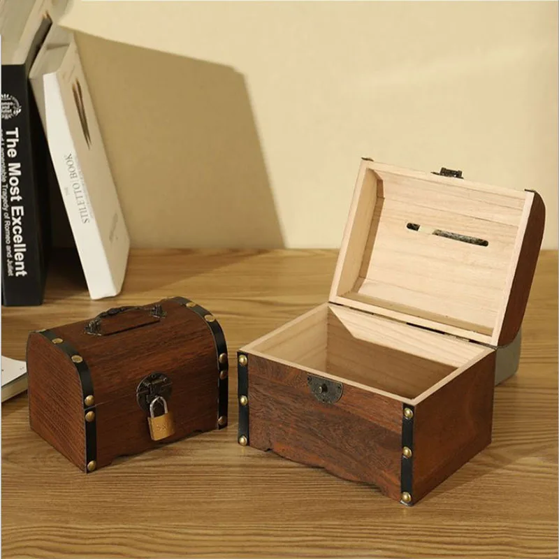 Винтажная копилка деревянная ручная работа запирающаяся детская коробка для
